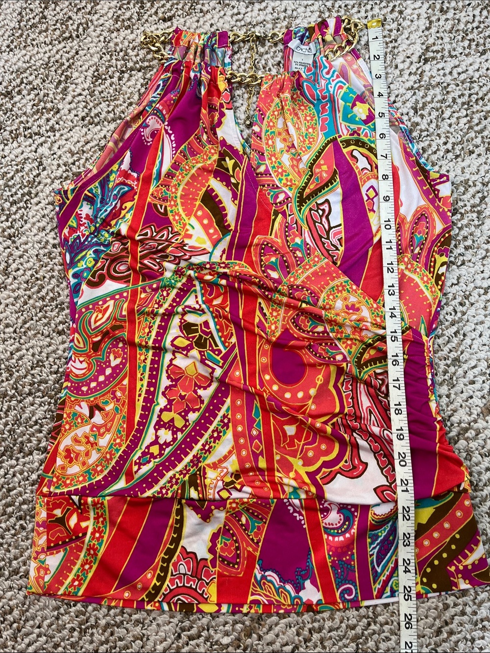 CACHÉ Y2K VINTAGE HALTER BLOUSE CHAIN COLLAR FAUX WRAP COLORFUL PAISLEY SZ LG - Picture 11 of 12